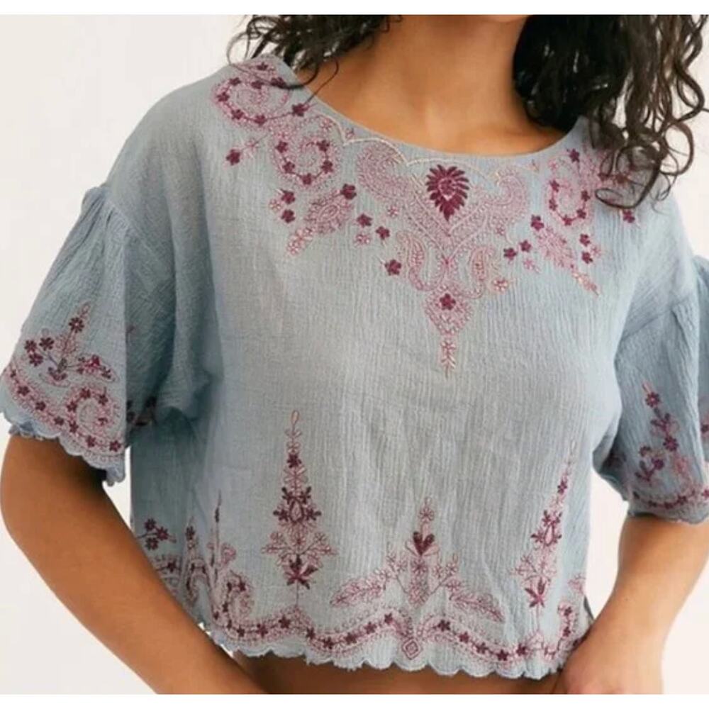Free People Light Blue Cropped Embroidered Peasant Blouse with Wine Accents